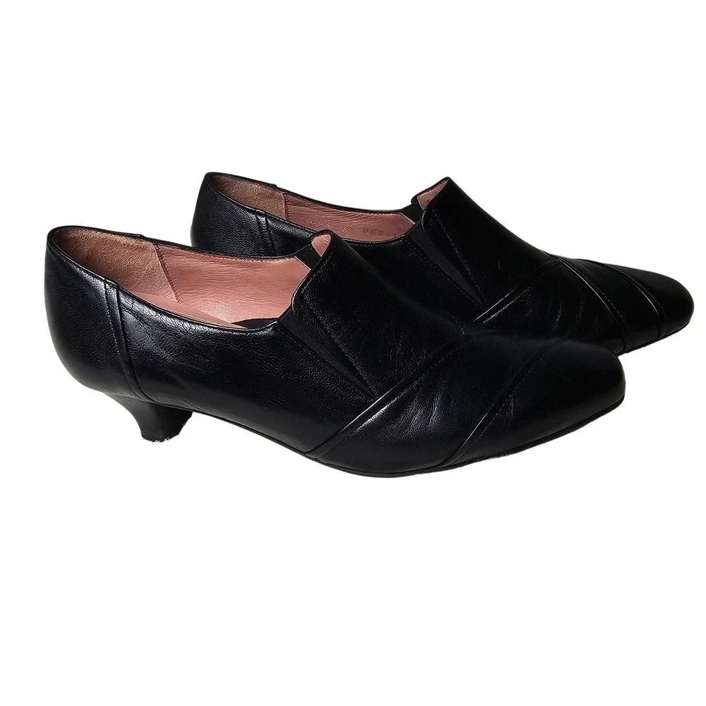 BeautiFeel Black Leather‎ Slip On Kitten Heel Pumps Shoes Office Career Luxury